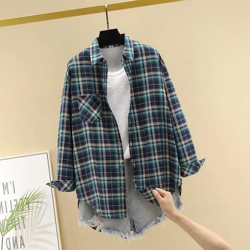 Women's Spring Summer Large Size Long Sleeve Shirts Female Vintage Loose Plaid Coats Turn Down Collar Button Tops Blouse