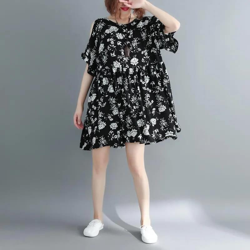 O-Neck A-Line Black Flower Print Vintage Dress Women‘s Long Sleeve Ruffle Mini Summer Dress Casual Daily Party Clothes
