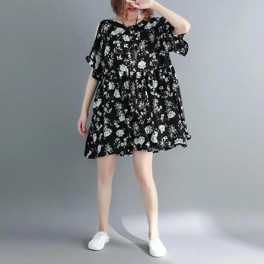 O-Neck A-Line Black Flower Print Vintage Dress Women‘s Long Sleeve Ruffle Mini Summer Dress Casual Daily Party Clothes