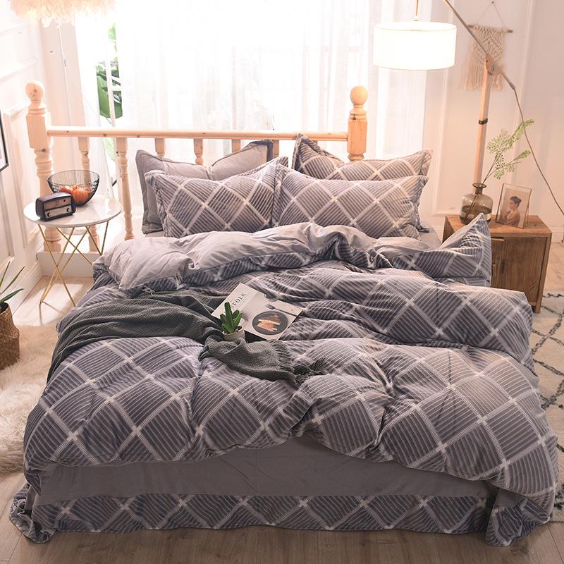 5D Carved Velvet Four-piece Crystal Velvet Warm Quilt Cover Sheets Thick Warm Velvet 4Pcs Set
