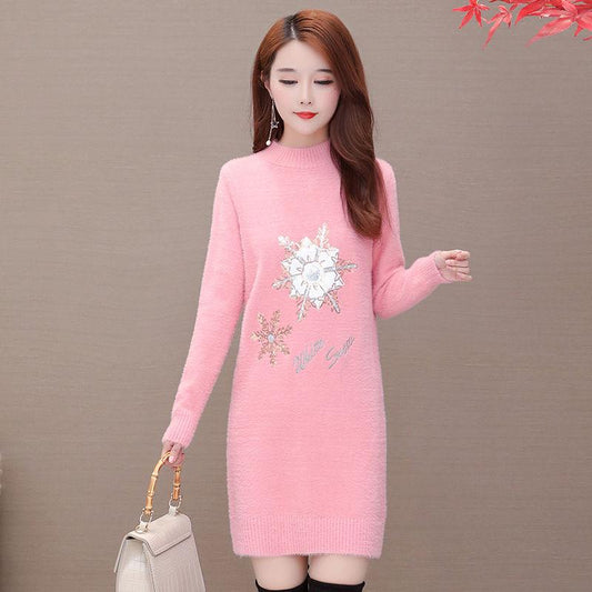 Autumn and Winter Mid-length Snowflake Sweater Half High Neck Thick Sweater Women Round Neck Long Sleeve Bottoming Shirt