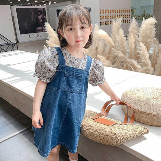 2PCS Children Clothing Set Spring Summer Girls Suits Floral Short Sleeve Tops + Denim Skirt Clothing Hin Strap Skirt Suit