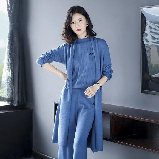 Three-piece Suit Women Knitted Cardigan Sweater Clothing Spring Autumn Wide-leg Pants Suits Casual Daily Clothes