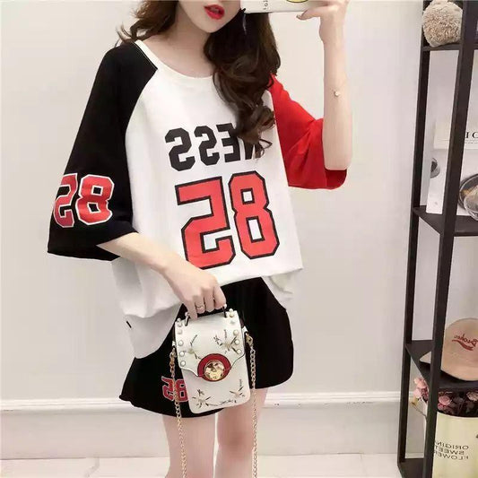 Two-piece Sportswear Suit Women's Summer Suit Round Neck Short-sleeved Top Loose Shorts Summer Ladies Suit Sweet and Cute