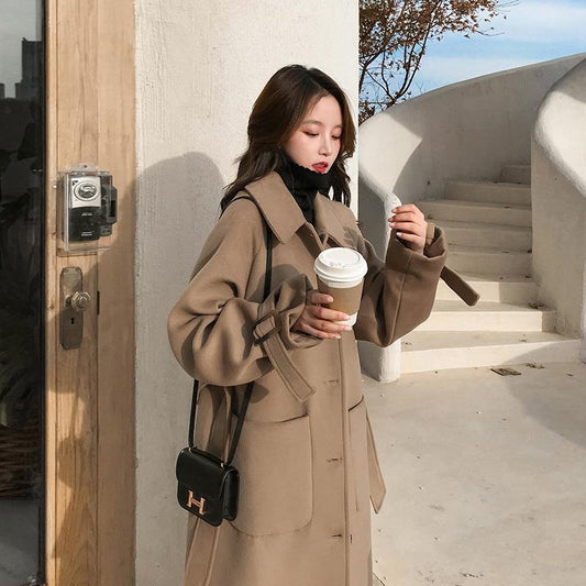 Hepburn Style Woolen Coat Women's Mid-length Winter Korean Style Loose Over-the-knee Japanese Woolen Coat