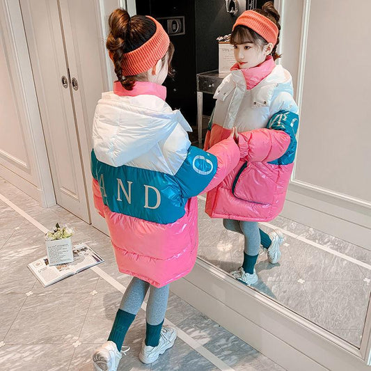 Girls' Warm Cotton Coat Thicken Plus Fleece Windproof Cotton Clothing Mid-length Contrast Stitching Quilted Jacket