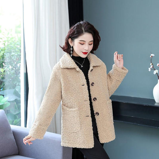 Fashion Ladies Lapel Lamb Velvet Jacket Winter Long Large Size Button Jacket Thick Warm Long-sleeved Cardigan Jacket