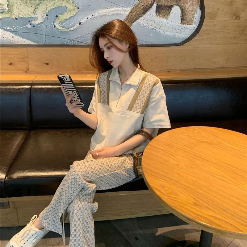 2PCS Women's Spring and Summer Casual Suit Retro Half Cardigan Top + Split Wide Leg Pants Two-piece Suit Ladies Elegant Tall and Thin Suit