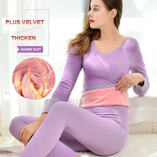 Set of Thermal Underwear Women Plus Velvet Thickening Body Autumn Clothes Long Trousers Winter Bottoming Shirt