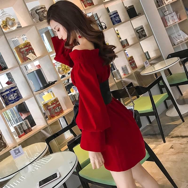 Red Banquet Dress Skirt Female Temperament Sexy Off-shoulder Collar Neckband Waist Slimming Dress