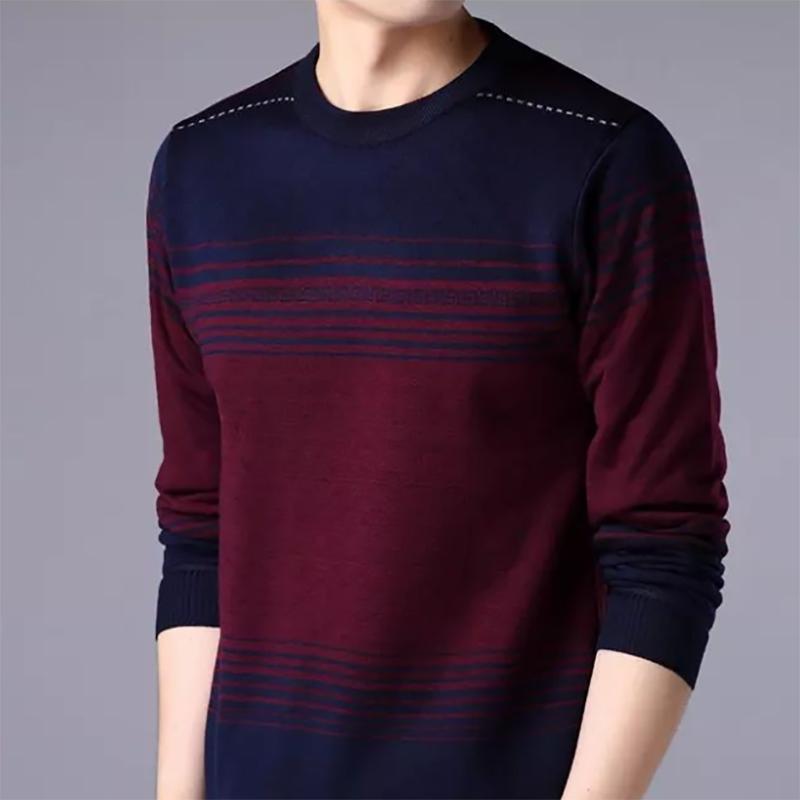 Men's Sweater Long-sleeved Knit Sweatershirts Plus Velvet Thick Sweater Youth Autumn Round Neck Stripes