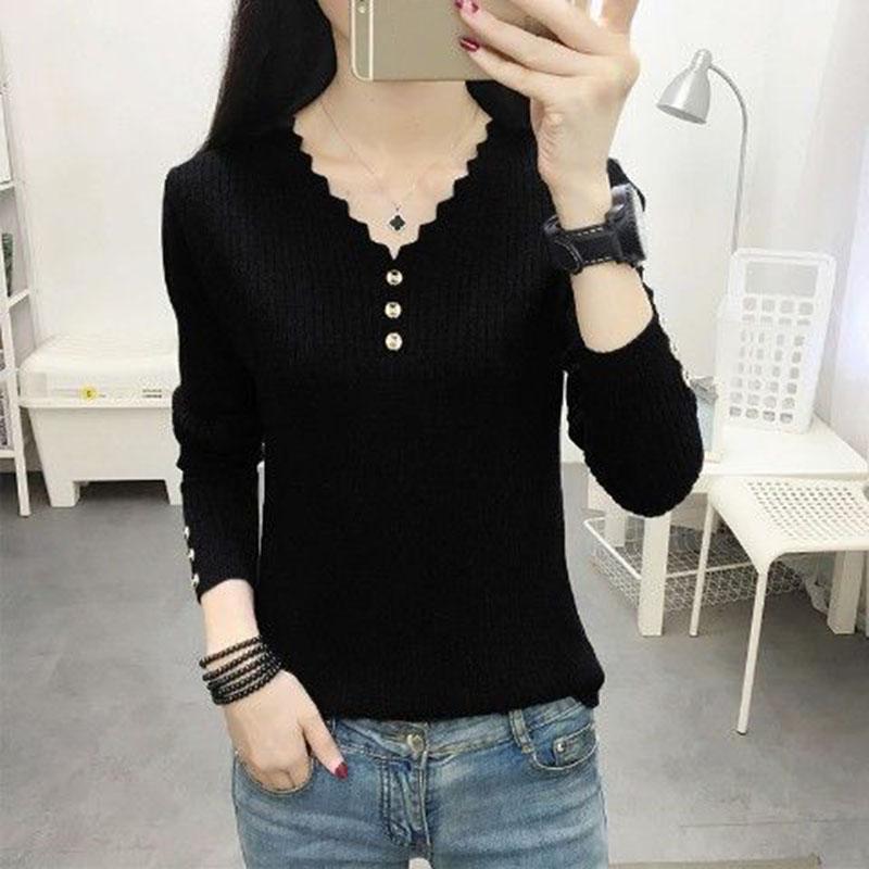 Can't Afford The Ball Fabric Button V-neck Sweater Women Loose Casual Fashion Korean Knitted Pullover Sweater