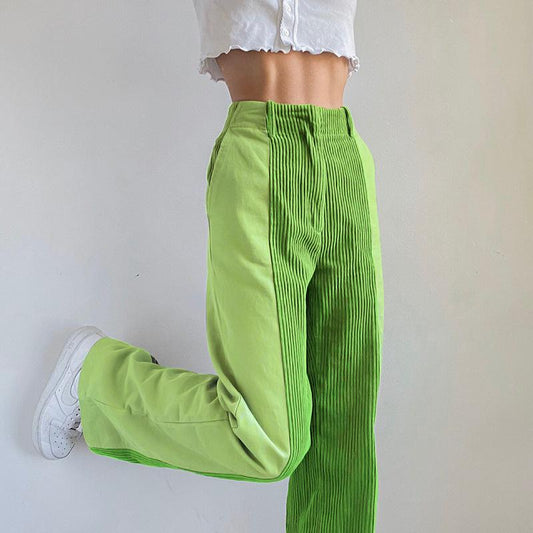 Women's Corduroy Wide Leg Pants Vintage Casual High Elastic Waist Color Block Loose Bottoms Trousers College Straight Pant