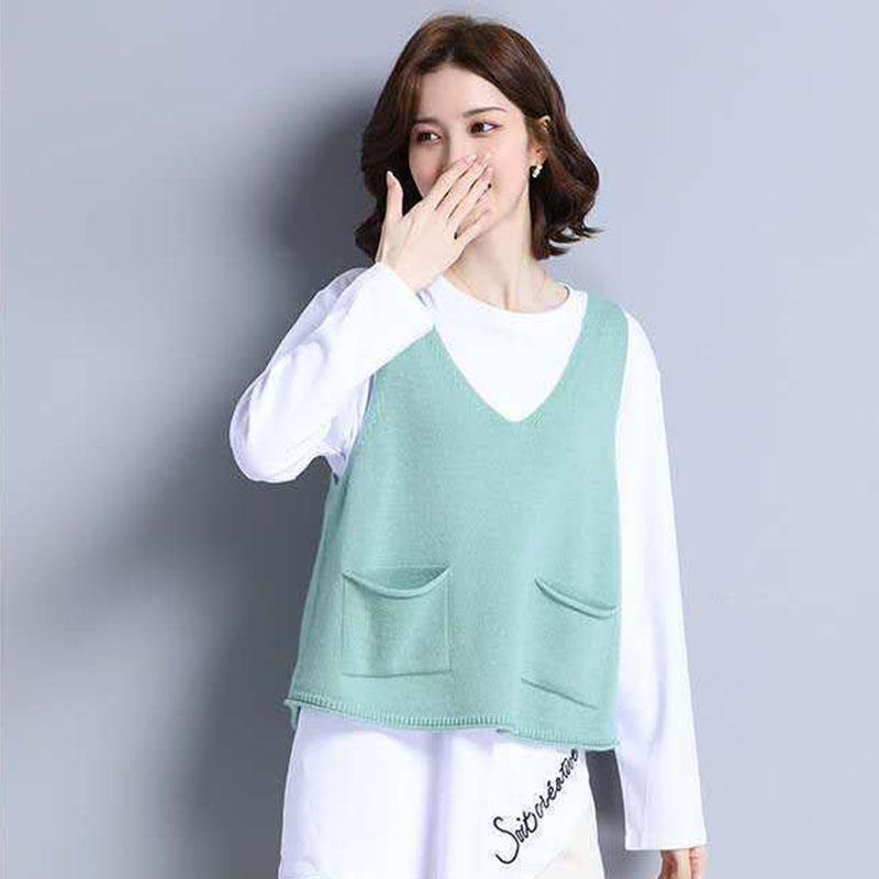Spring and Autumn Loose Plus Size Vest Solid Color Short Sleeveless Sweater Knitted Outer Wear Women's Top
