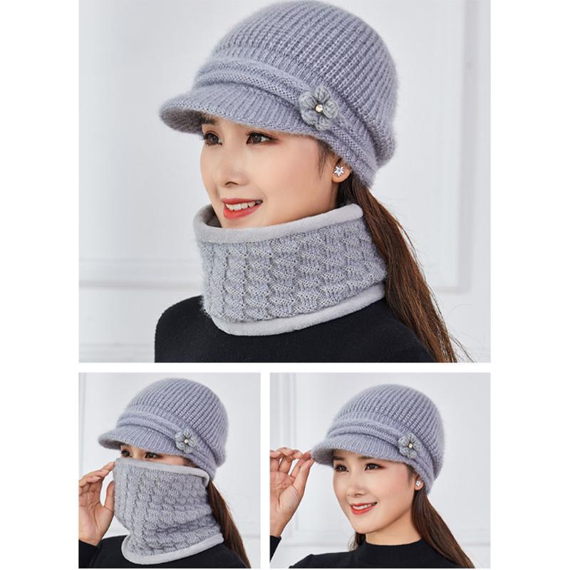 Women's Hat Winter Plus Velvet Thick Woolen Hat Windproof Warm Hat Bib Set Knitted Mother Hat Floral Padded Knitted Caps Mask Scarf One Piece Hat