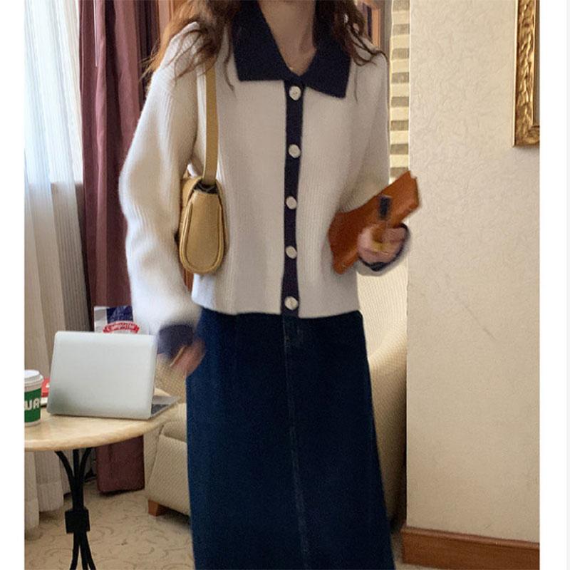 Retro Lapel Contrast Color Thickened Knitted Cardigan Women's Short Long Sleeves Lazy Loose Polo Collar Sweater Coat