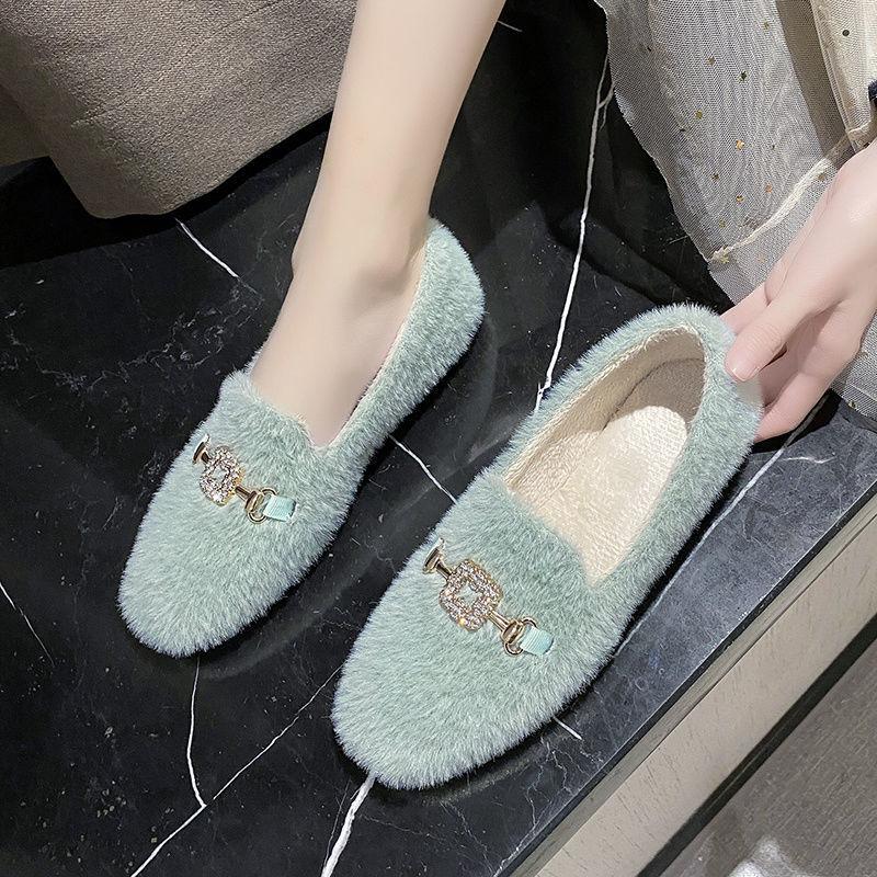 Temperament Women's Shoes Plus Velvet Winter All-match Flat-bottomed Thick-soled Cotton Shoes Thickened One-pedal Fur Shoes Moccasin Shoes