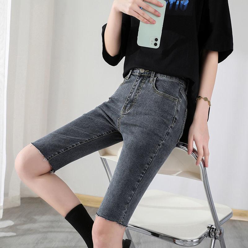 Denim Shorts Women's Spring and Summer High Waist Slim Five-point Pants Black Straight Leg Pants Tight Riding Pants