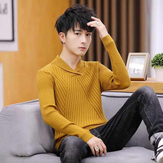 Autumn and Winter Fashion Casual Sweater Men's Lapel Sweater Solid Color Long-sleeved Personality Top Youth Bottoming Shirt