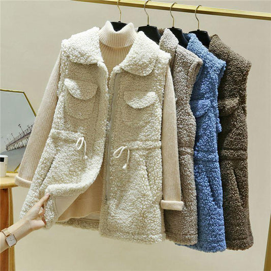 Lamb Wool Waistcoat Jacket Female Autumn and Winter Loose Mid-length Outer Jacket Solid Color Pocket Sleeveless Sweater