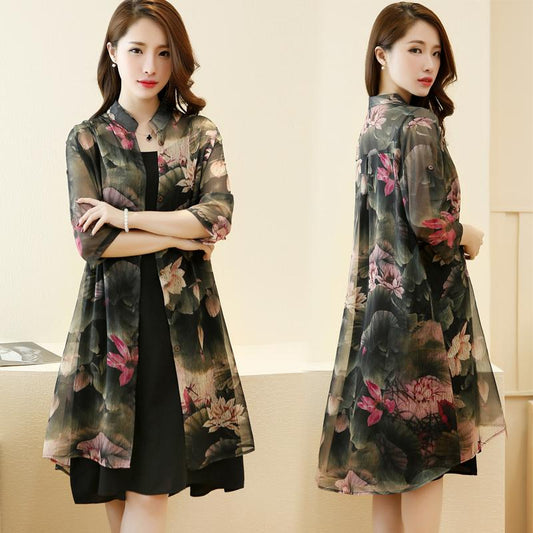 Chiffon Shirt + Dress 2pcs Suit Women's Sun Protection Clothing Sun-Dress Mid-length Plus Size Shawl Loose Outer Chiffon Cardigan Thin Coat Beach