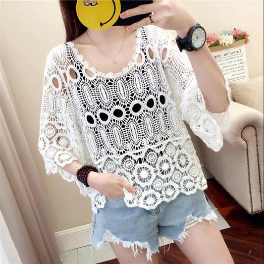Hollow Blouse Thin Lace Women's Skirt Loose Bottoming Hollow Knitted Sweater Sweet Temperament Hole Top Sunscreen Shirt