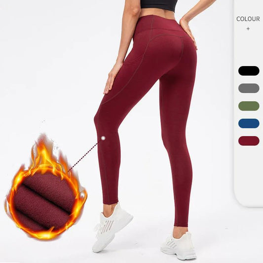 High-elastic Women's Autumn and Winter Plus Velvet Yoga Fitness Trousers Pockets Warm High Waist Tight-fitting Running Training Pants