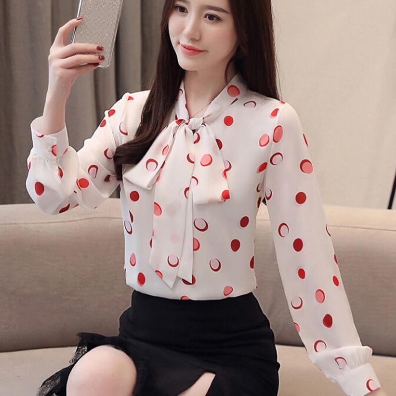 Korean Women's Long-sleeved Chiffon Shirt Lace-up Bow Women Blouse Lady Long Shirt Plus Size Casual Women Chiffon Blouse Puff Sleeve Blouse