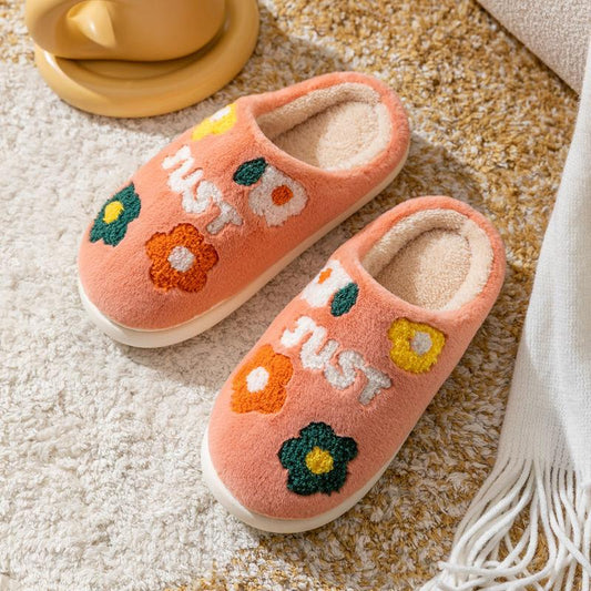 Autumn and Winter Pure Cotton Slippers Flower Pattern Indoor Non-slip Soft-soled Shoes Warm Simple Plush Cotton Shoes