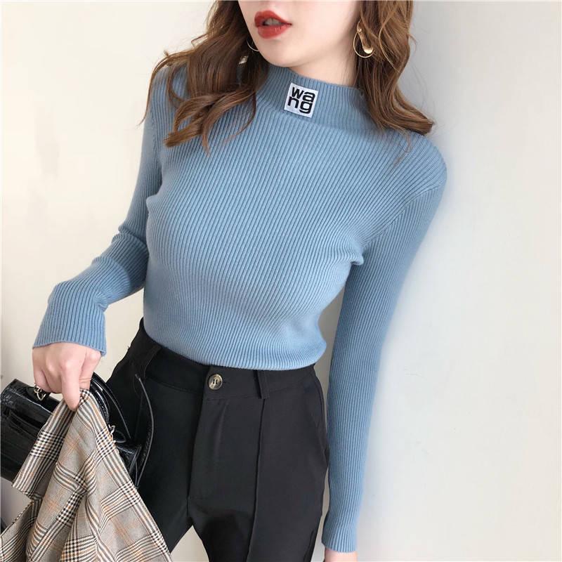 Slim Shirt Half-Turtleneck Elastic Tops Long Sleeve Short Sweater Female Casual Base Sweater