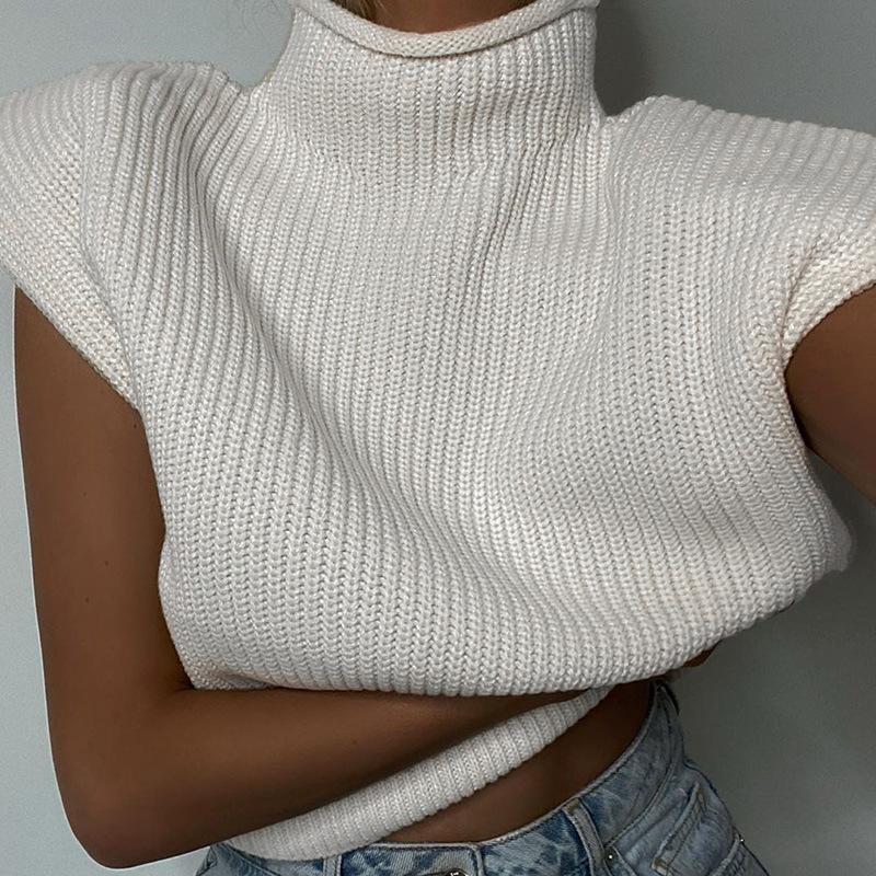 Turtleneck Autumn Winter Solid Wool Knit Sweater New Sexy Temperament High Neck Short Sleeve Sweater Top Women