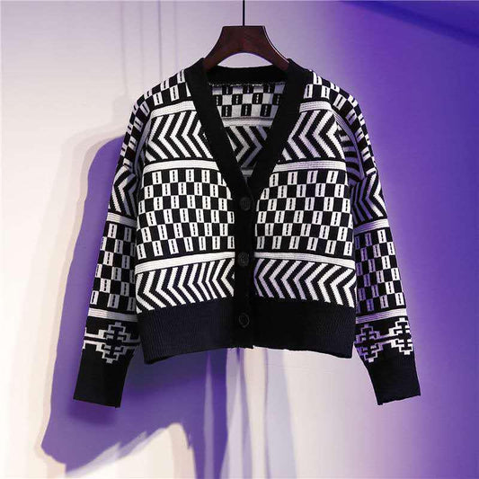 Spring and Autumn Knitted Sweater Cardigan V-neck Loose Jacket Retro Short Youth Women's Top