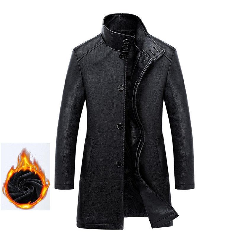 Men's Business Leather Jacket Mid-length Coat Windbreaker Jacket Men European and American Casual Winter Men