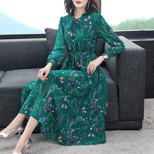 Spring Chiffon Floral Skirt Dress Women's Long-sleeved Large Size Long Slim Fit Bottoming Skirt Fabric Light and Breathable