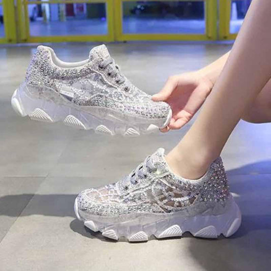 Plus Size 35-39 Summer Women Mesh Sneakers Breathable Running Basketball Shoes Students Shockproof Non-slip Rhinestone Crystal Shoes