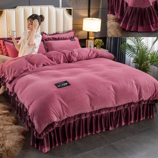 4pcs/set Korean Version of High-grade Milk Velvet Bed Linen Thickened Plus Velvet Warmth Pure Color Quilt Cover Large Bedding