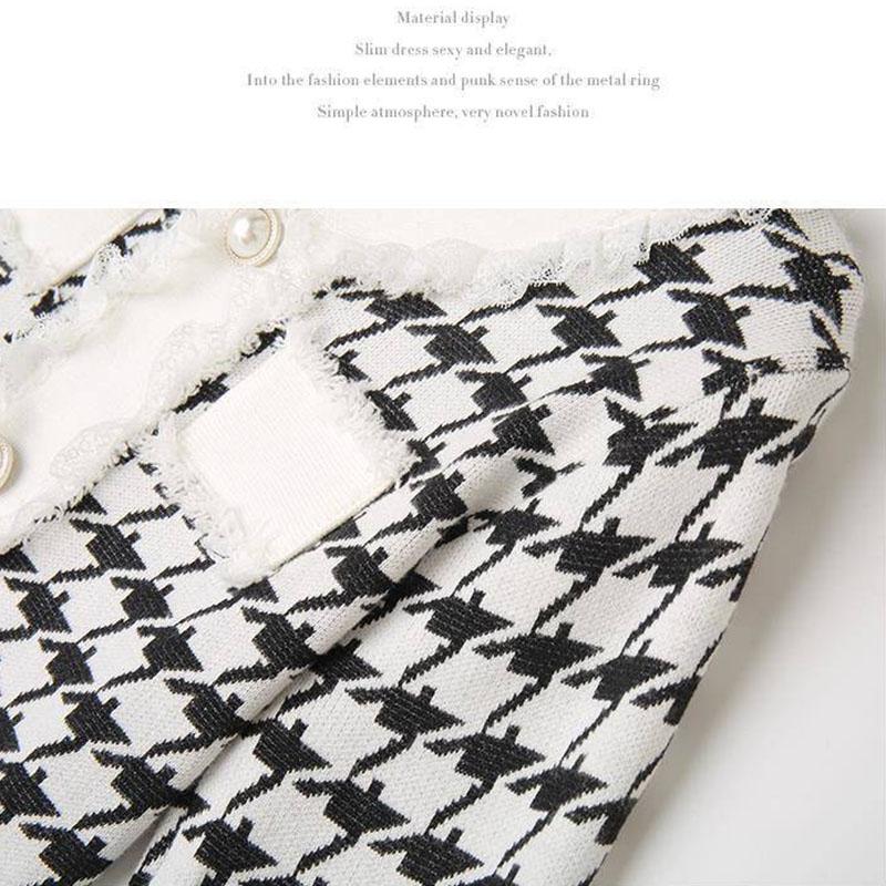 Vintage Knitted Dress Female Autumn Winter Slim Houndstooth Sweater Dress Lace Stitching Pullover Sweater Dress