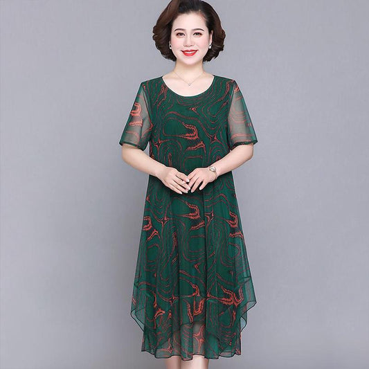 L-XXXXXL Plus Size Mom's Summer Chiffon Dress Mid-length Printed Over-the-knee Skirt