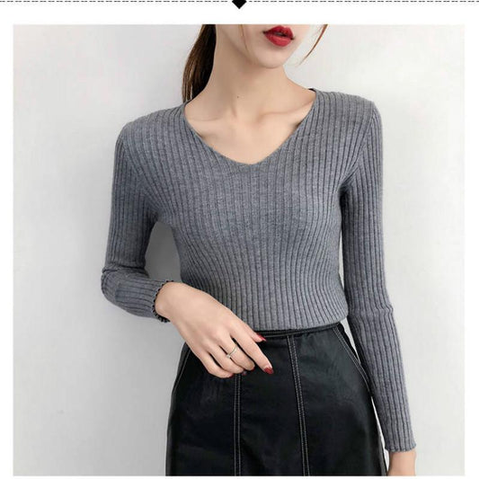 Autumn Winter V-neck Bottoming Shirt Sweater Women's Slim Was Thin Wild Pullover Sweater