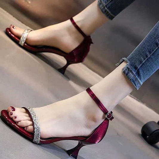 Plus Size 34-40 Women Shiny Slippers Outdoor Bohemian Beach High Heels Wear-resistant Non-slip Office Lady Word Deduction Sandals