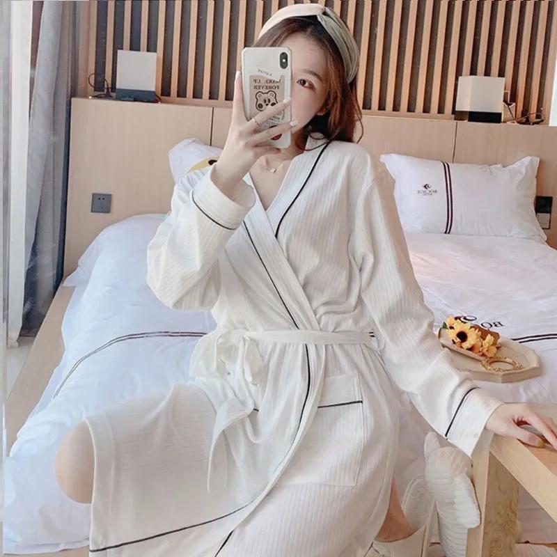 Women's Solid Sexy Long-sleeved Bathrobes Mid-length Spring Autumn Pajamas Dresses Casual Nightgown Pocket V-neck Loose Home Wear