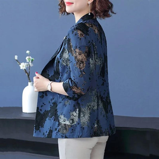 L-5XL Spring Mother Lace Coat Large Size Printed Outerwear Top Autumn Thin Small Suit for Office Lady