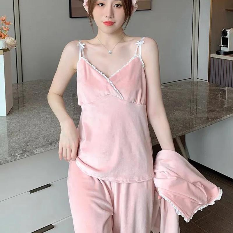 Three-pieces Women's Winter Pajamas Set Thin Velvet Island Velvet Sexy Suspenders Long-sleeved Trousers Pyjamas Sweet Solid Color Comfortable Homewear