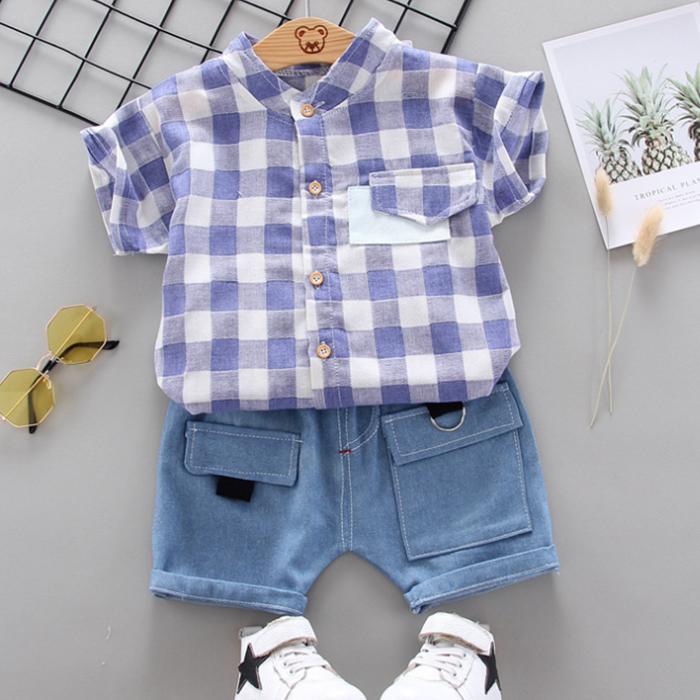 Children's Summer Wear Two Piece Set of Boys' and Girls' Korean Plaid Collar Short Sleeve Shirt and Shorts