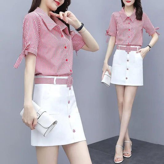 Large Size Skirt Set Women's Plaid Short-sleeved Shirt High-waisted Skirt Two-piece Bow Knot Sleeve Plaid Belt A-line Skirt Slim Summer Dress Suit