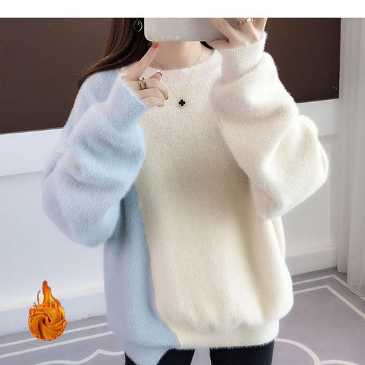 Autumn and Winter Mixed Color Coat Non-shedding Round Neck Thick Sweater Fashion Casual Top