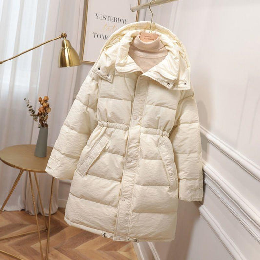 Women's Down Jacket Mid-length Thick Hooded Drawstring Waist Thinner Jacket