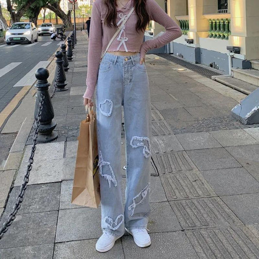 Retro Patch Jeans Female Autumn High Street VIBE Wind Wild Display Thin Vertical Straight Wide Leg Pants