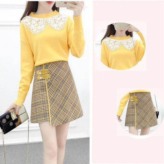 Autumn and Winter Sweater Suit Women Sweet Lace Stitching Knitted Sweater Top and Asymmetric Woolen A-line Skirt Two-piece Ladies Outfits