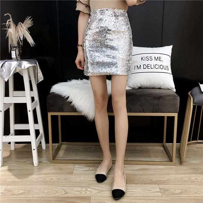 M-4XL Women Anti-light Sequin Skirt High Waist Slim Thin Sexy Bundy Mini A-line Step Skirt